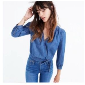 Madewell Denim Wrap Top XXS Blue V-Neck